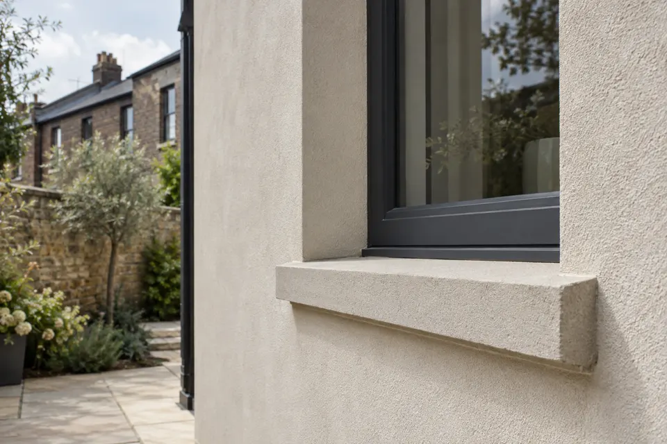 Illustrative close view of textured render at a window and projecting sill