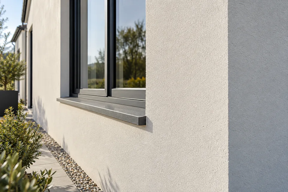 Fine-grained pale silicone-style render texture beside a window sill